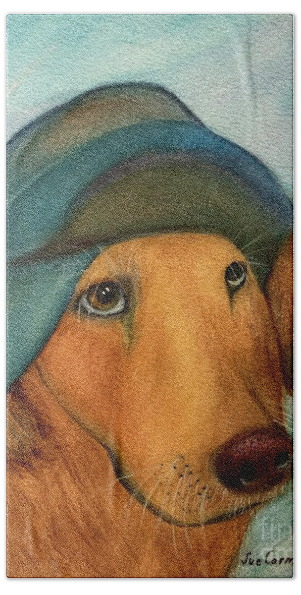 Dog Bath Towel featuring the painting Our Funny Boone by Sue Carmony