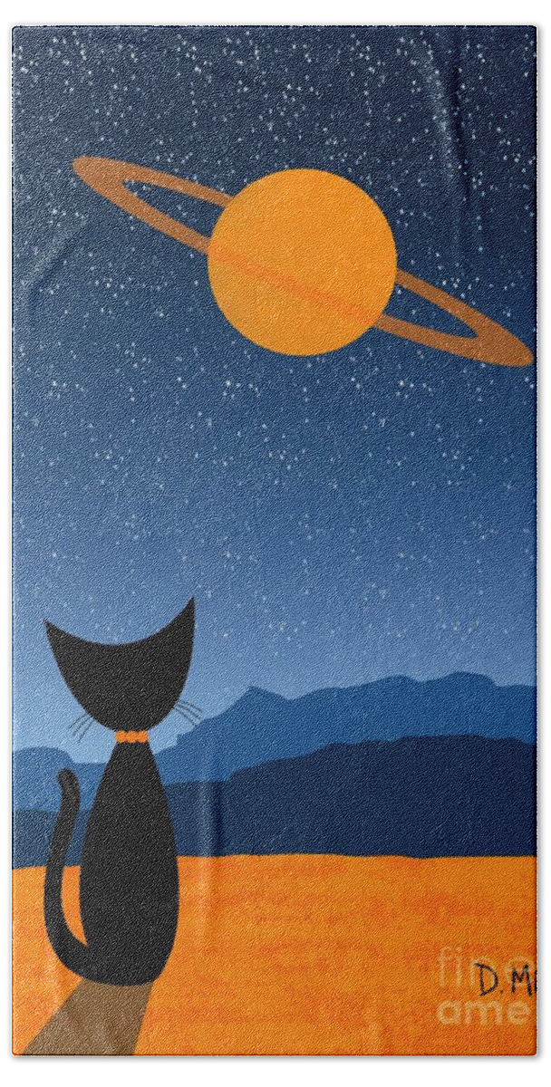  Bath Towel featuring the digital art Outer Space Cat Admires Ringed Planet 2 by Donna Mibus