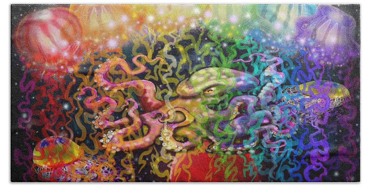 Space Bath Towel featuring the digital art Outer Space Rainbow Alien Tentacles by Kevin Middleton