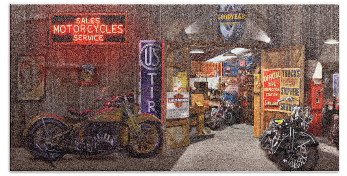 Motorcycle Shop Bath Towel featuring the photograph Outside the Motorcycle Shop by Mike McGlothlen