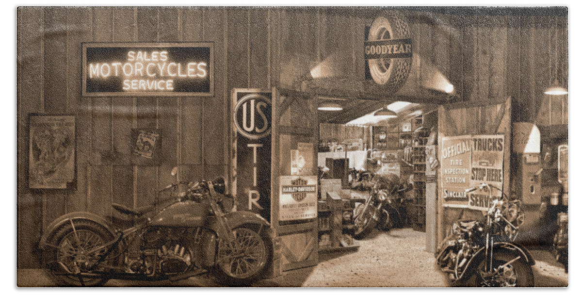 Motorcycle Hand Towel featuring the photograph Outside The Old Motorcycle Shop - Spia by Mike McGlothlen
