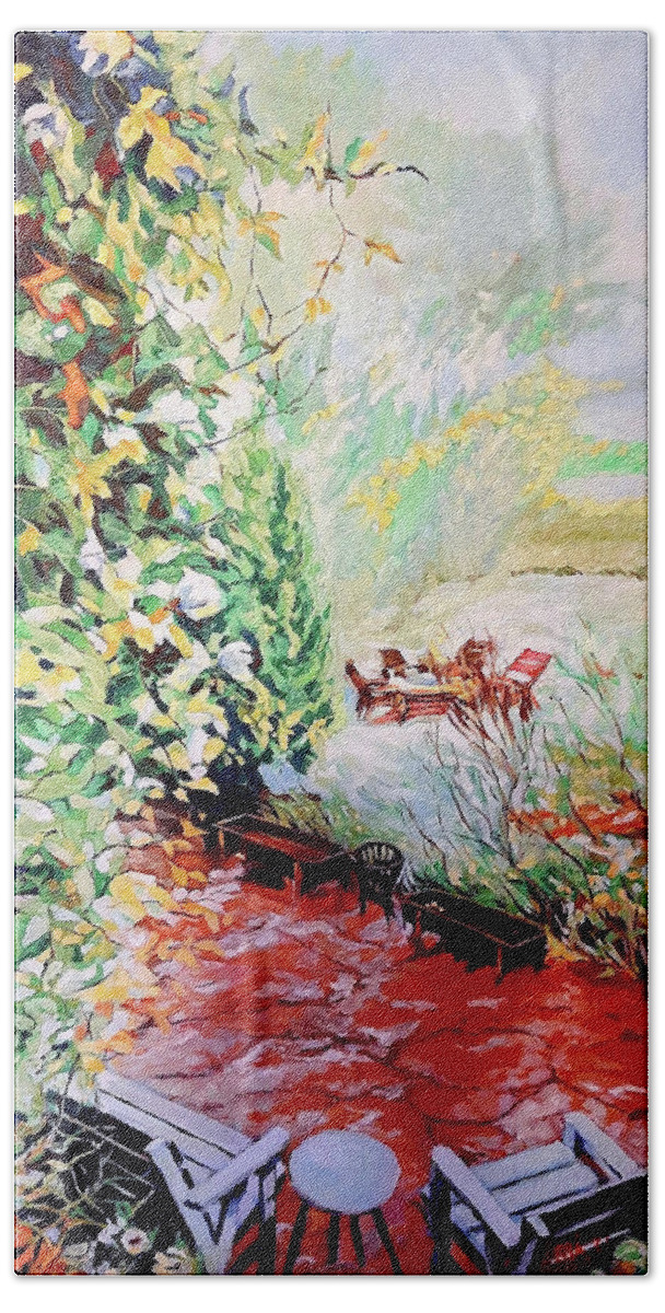 Outdoor Hand Towel featuring the painting Outside the Window by Elaine Berger