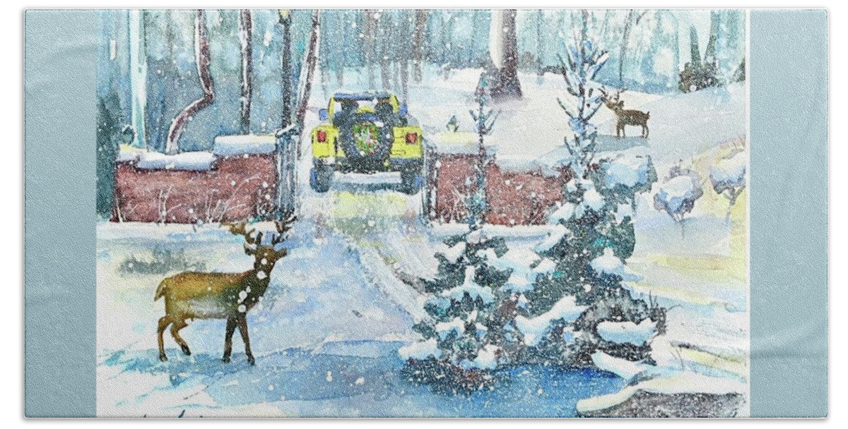 Christmas Bath Towel featuring the painting Over the River And Through The Woods by Cheryl Prather