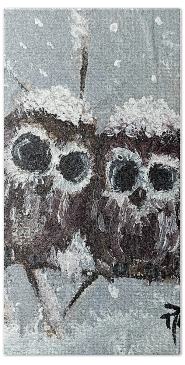 Owls. Baby Owls Bath Towel featuring the painting Owl Chicks in the Snow by Roxy Rich