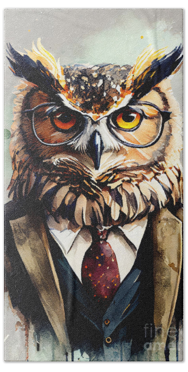 Owl in Suit Watercolor Hipster Animal Retro Costume Bath Sheet by Jeff  Creation - Pixels