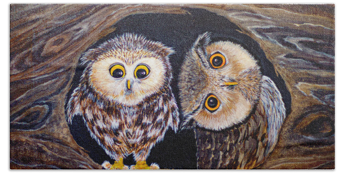 Owl Bath Towel featuring the painting Owl Pair by Shirley Dutchkowski