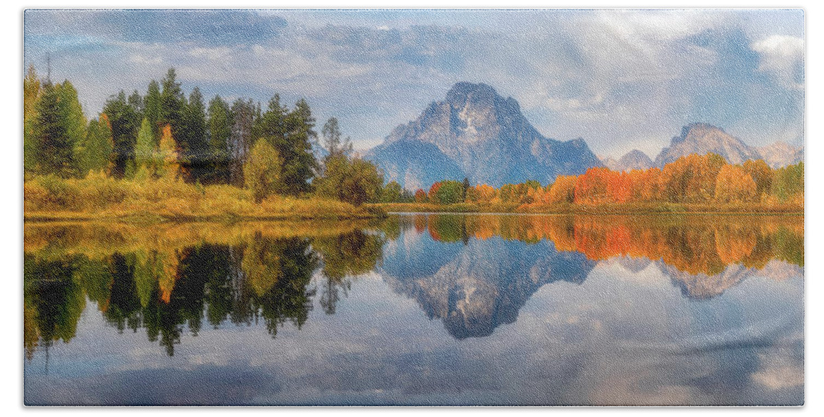 Mount Moran Hand Towel featuring the photograph Oxbow Autumn Pano by Darren White