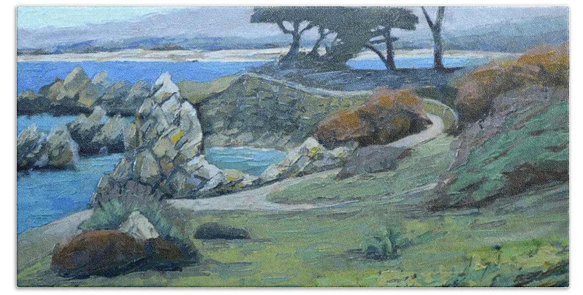 Monterey Bath Towel featuring the painting Pacific Grove Cypress by PJ Kirk