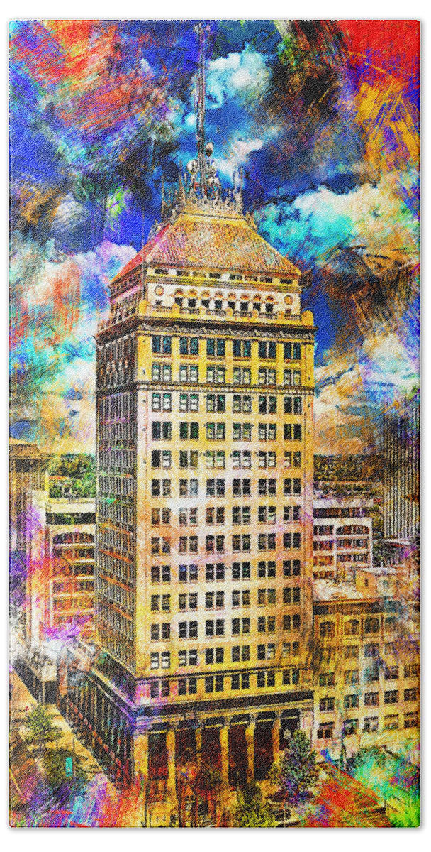 Pacific Southwest Building Bath Towel featuring the digital art Pacific Southwest Building in Fresno - colorful painting by Nicko Prints