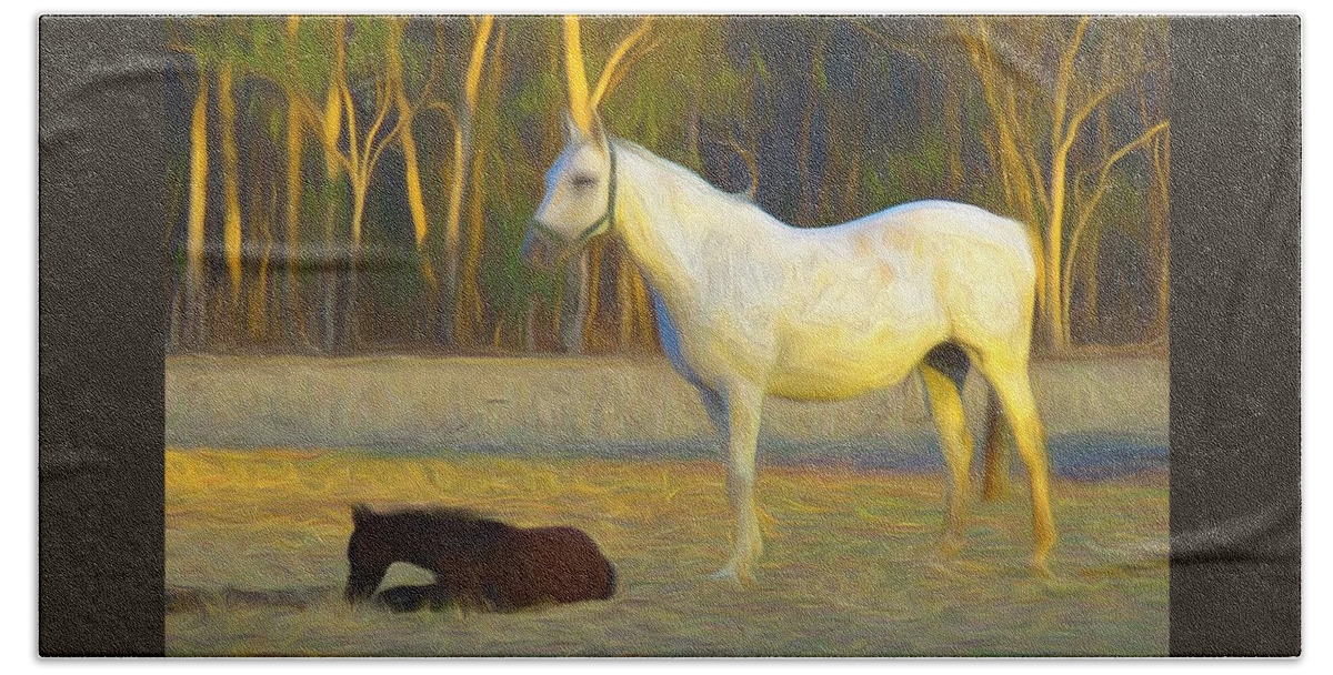 Horse Bath Towel featuring the mixed media Painted Crystal And Foal by Joan Stratton