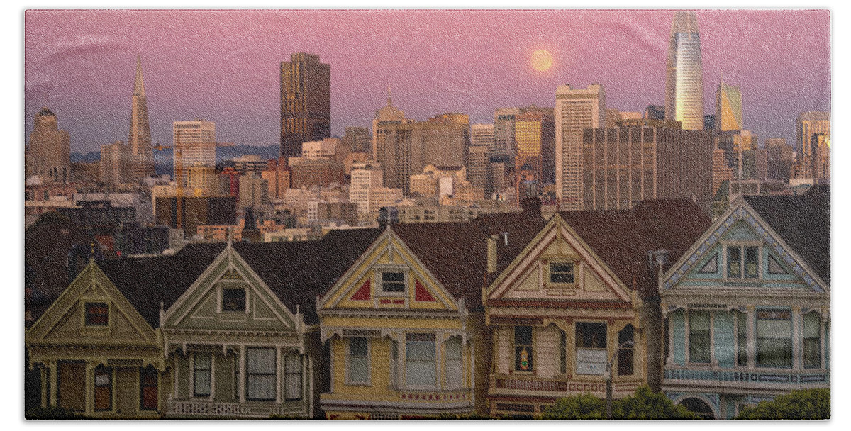 Painted Ladies Bath Towel featuring the photograph Painted Ladies Moonrise by Laura Macky