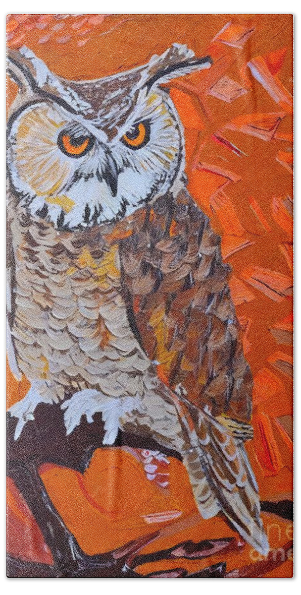 Owl Hand Towel featuring the painting Painting 2 Grand Duc D Europe owl bird nature wil by N Akkash