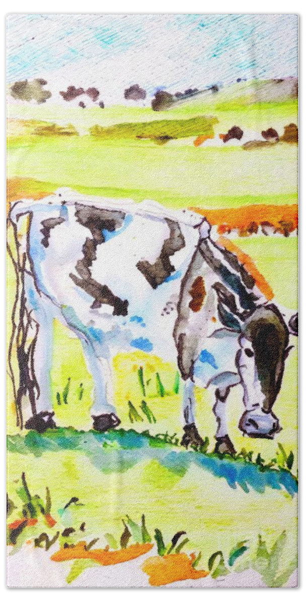 Art Hand Towel featuring the painting Painting Cow On The Meadow art illustration anima by N Akkash