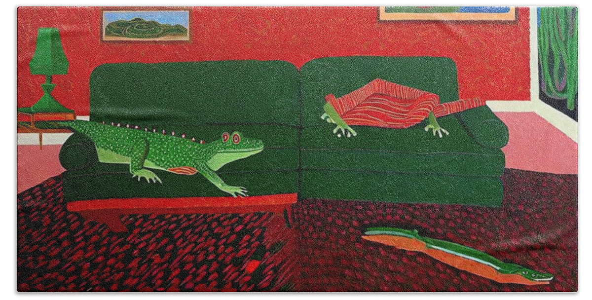 Colorful Hand Towel featuring the painting Painting Crocodile Couch colorful art background by N Akkash