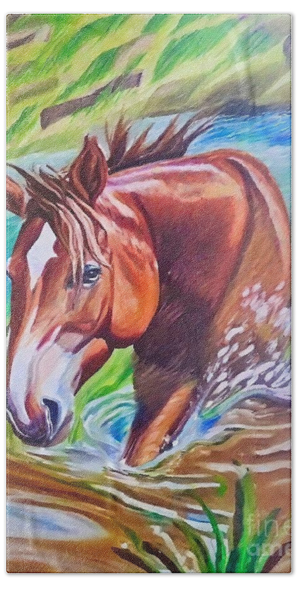 Horse Hand Towel featuring the painting Painting Horse Shadow horse animal nature beautif by N Akkash