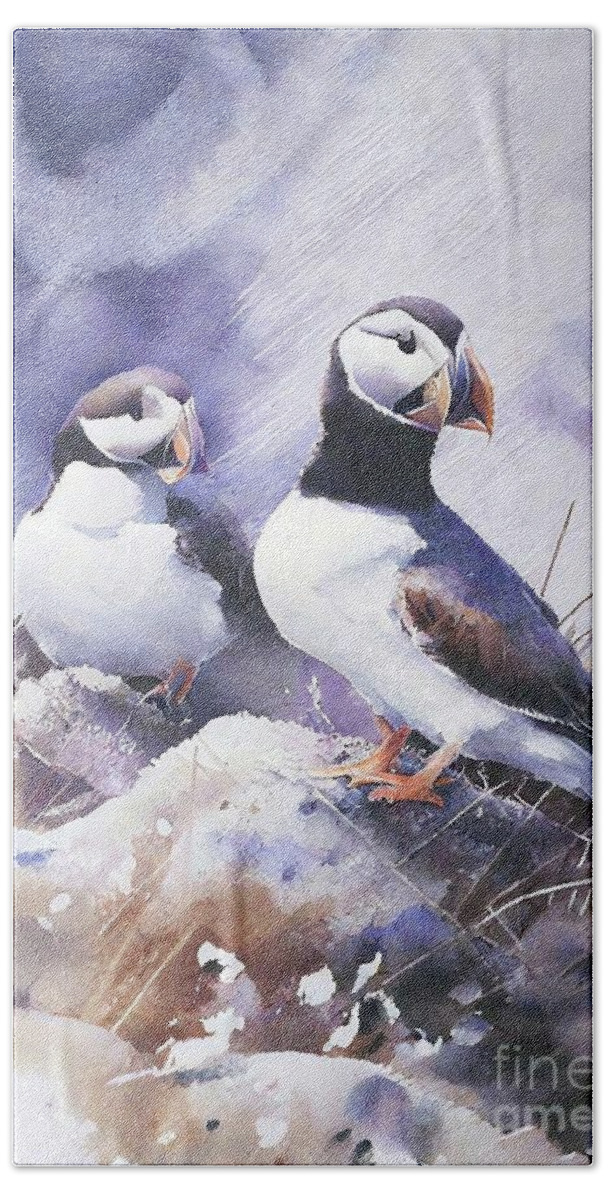 Bird Hand Towel featuring the painting Painting Icelandic Puffin Painting Watercolor Pai by N Akkash