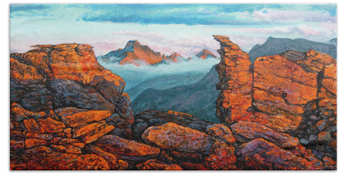 Rocky Mountain National Park Bath Towel featuring the painting Painting - Longs Peak and Rock Cut Sunset by Aaron Spong