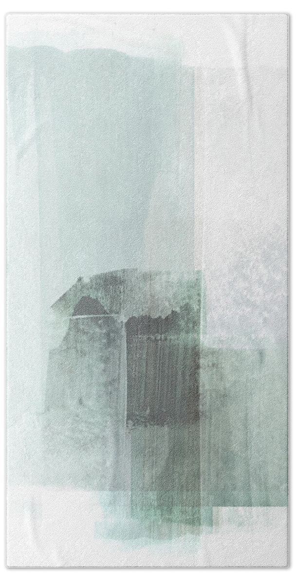 Light Blue Green Bath Towel featuring the painting Pale Teal Modern Minimalist Abstract Painting by Janine Aykens