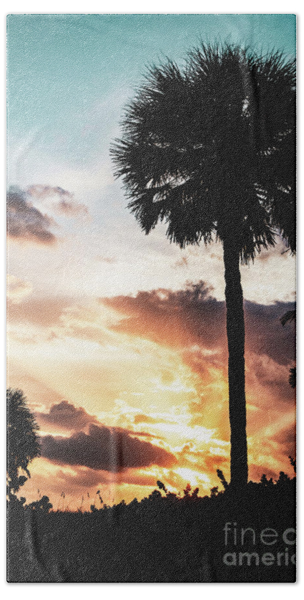 Tropical Hand Towel featuring the photograph Palm Tree Silhouettes and Sunset Coastal Nature / Landscape Photo by PIPA Fine Art - Simply Solid