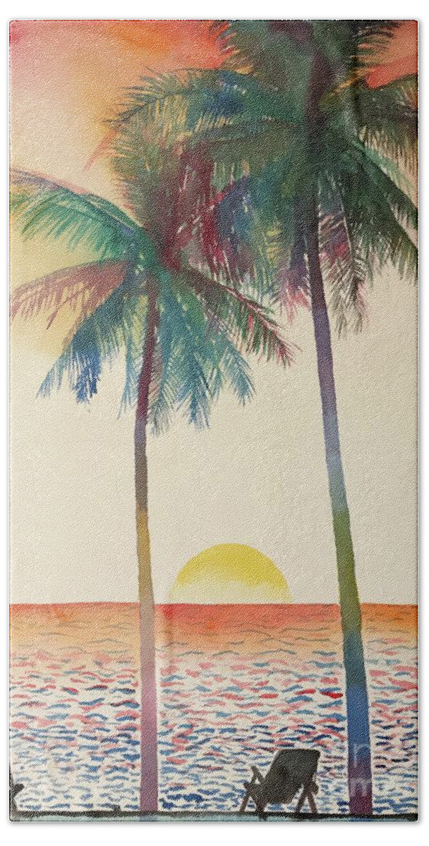 #palmtrees #palm #trees #ocean #sunset #mexico #beach #glenneff #thesoundpoetsmusic #picturerockstudio #watercolor #watercolorpainting #beachchairs #tranquil Hand Towel featuring the painting Palm Trees Beach Sunset by Glen Neff