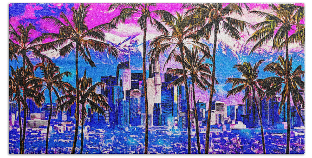 Los Angeles Bath Towel featuring the digital art Palm trees in front of Los Angeles skyline at sunset - digital painting by Nicko Prints