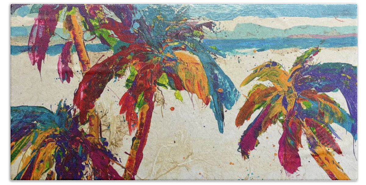 Palm Trees Bath Towel featuring the painting Palmas en La Playa by Elaine Elliott