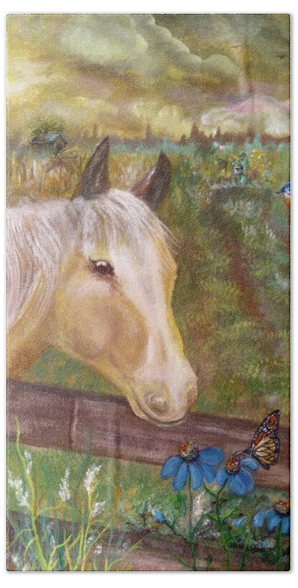 Palomino Farm Horse Bath Towel featuring the painting Palomino Farm Horse by Lynn Raizel Lane