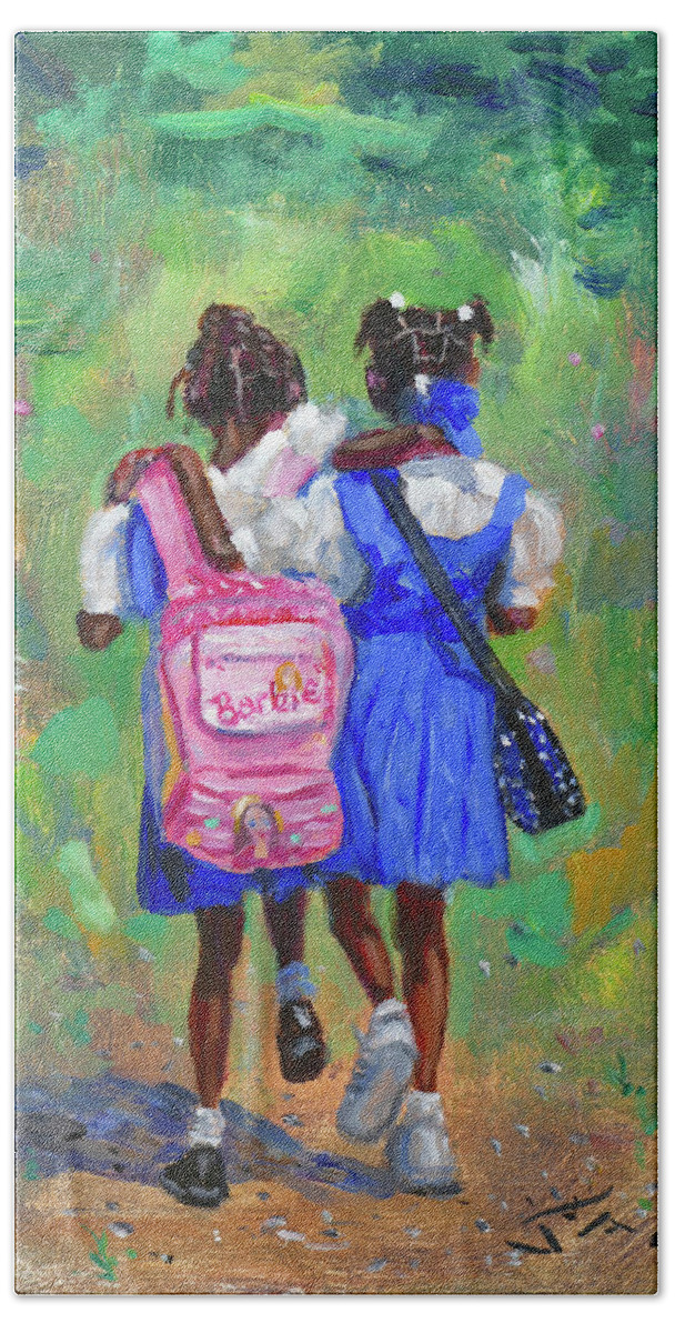 Caribbean Art Hand Towel featuring the painting Pals 2 by Jonathan Gladding