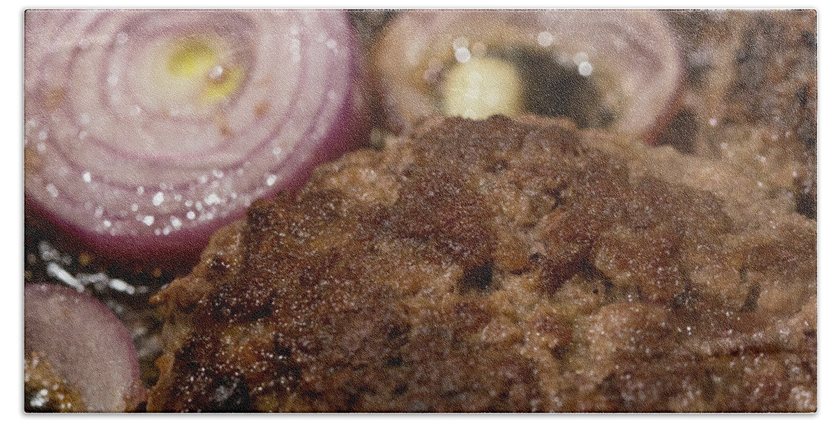 Beef Hand Towel featuring the photograph Pan Fried Burger and Onions by Mark Salamon