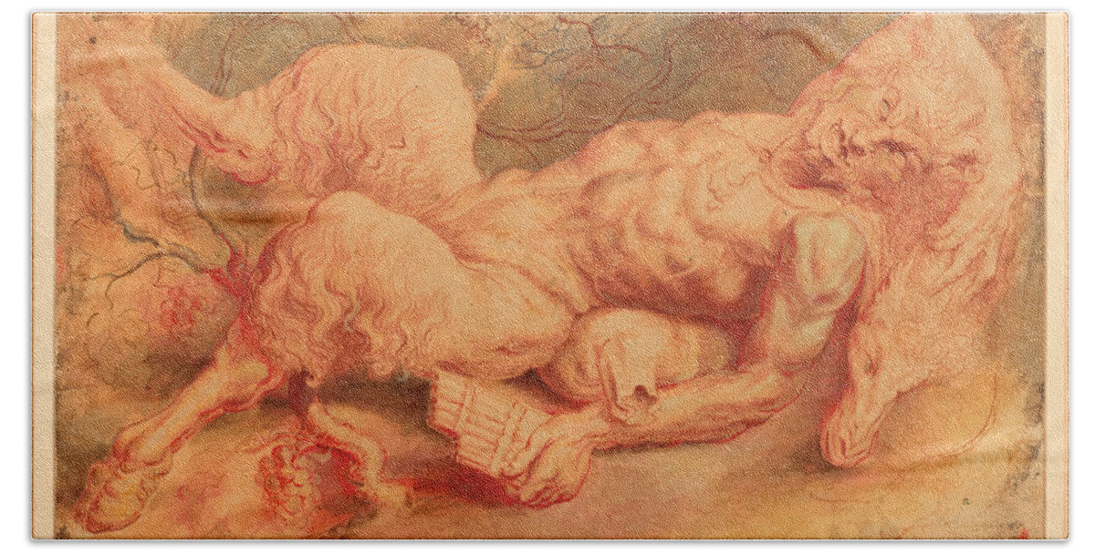 Peter Paul Rubens Bath Towel featuring the drawing Pan Reclining by Peter Paul Rubens