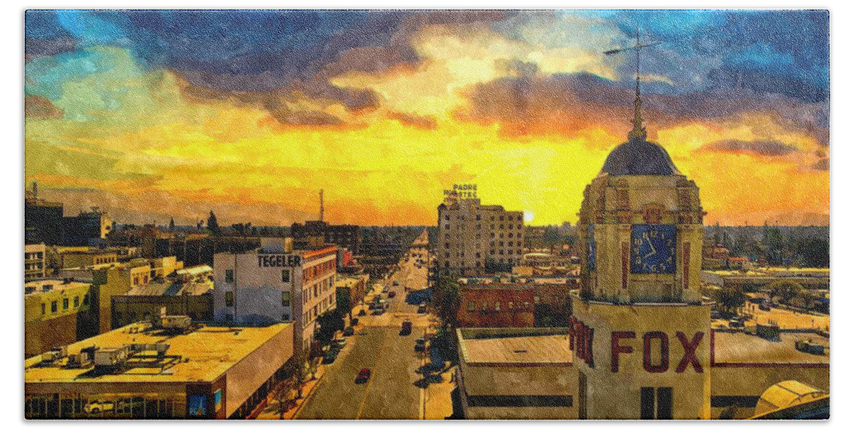 Bakersfield Bath Towel featuring the digital art Panorama of downtown Bakersfield, California - watercolor painting by Nicko Prints