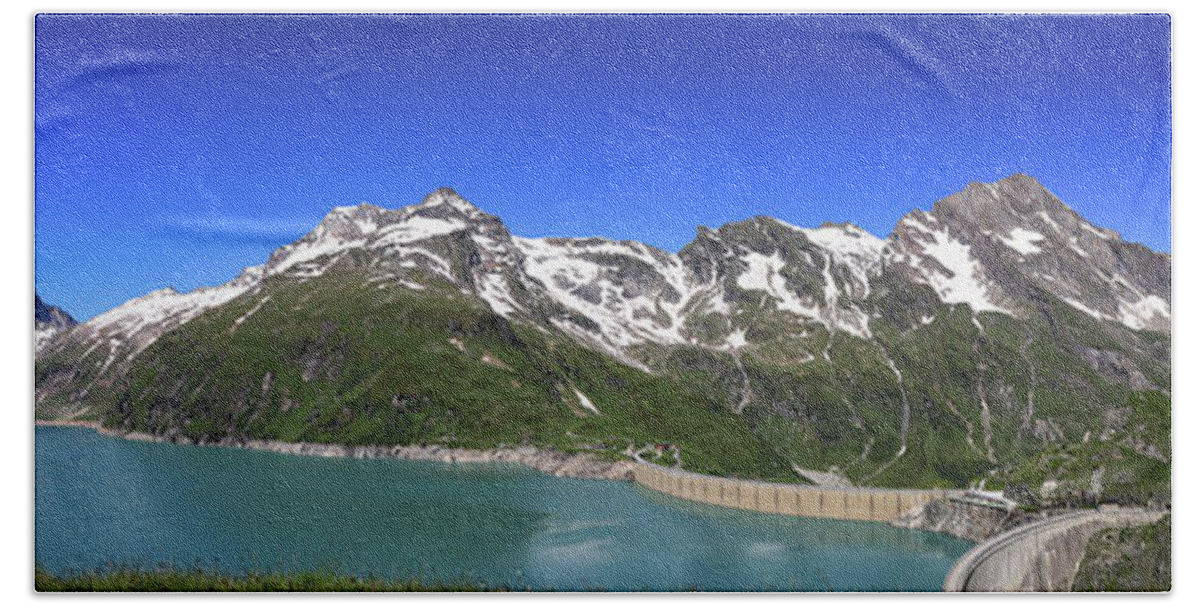 Vacation Hand Towel featuring the photograph Panorama of Austrian dam Stausee Mooserboden by Vaclav Sonnek