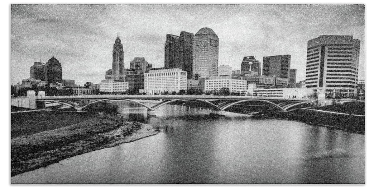 Columbus Skyline Hand Towel featuring the photograph Panoramic Skyline of Columbus Ohio - Monochrome Edition by Gregory Ballos