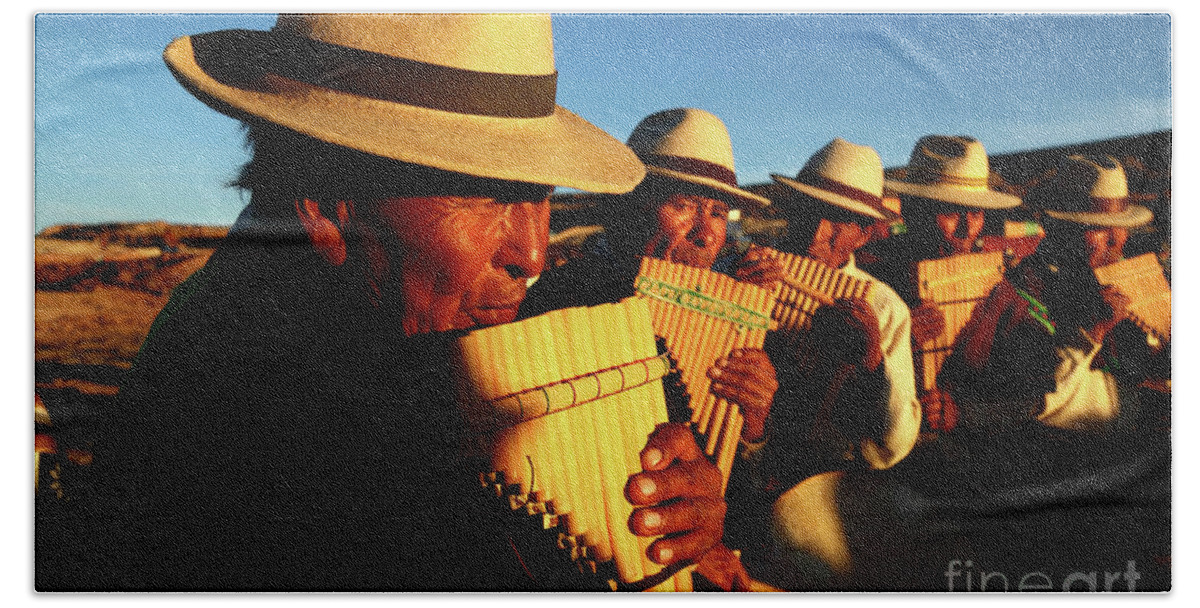 Panpipes Bath Towel featuring the photograph Panpipe Musicians at Golden Hour Oruro Region Bolivia by James Brunker