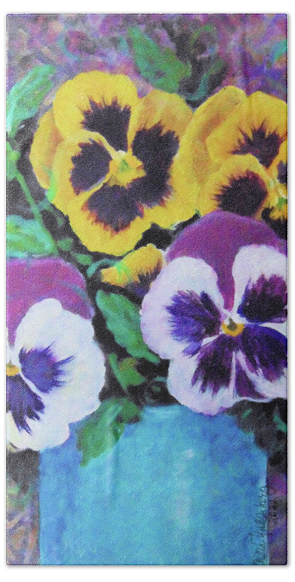 Pansies Hand Towel featuring the painting Pansies in Turquoise Pot by Cheri Wollenberg