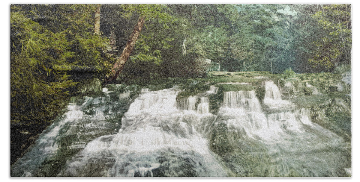 Paradise Falls Bath Towel featuring the photograph Paradise Falls - Pocono Mountains Pennsylvania - Circa 1900 Photochrom by War Is Hell Store