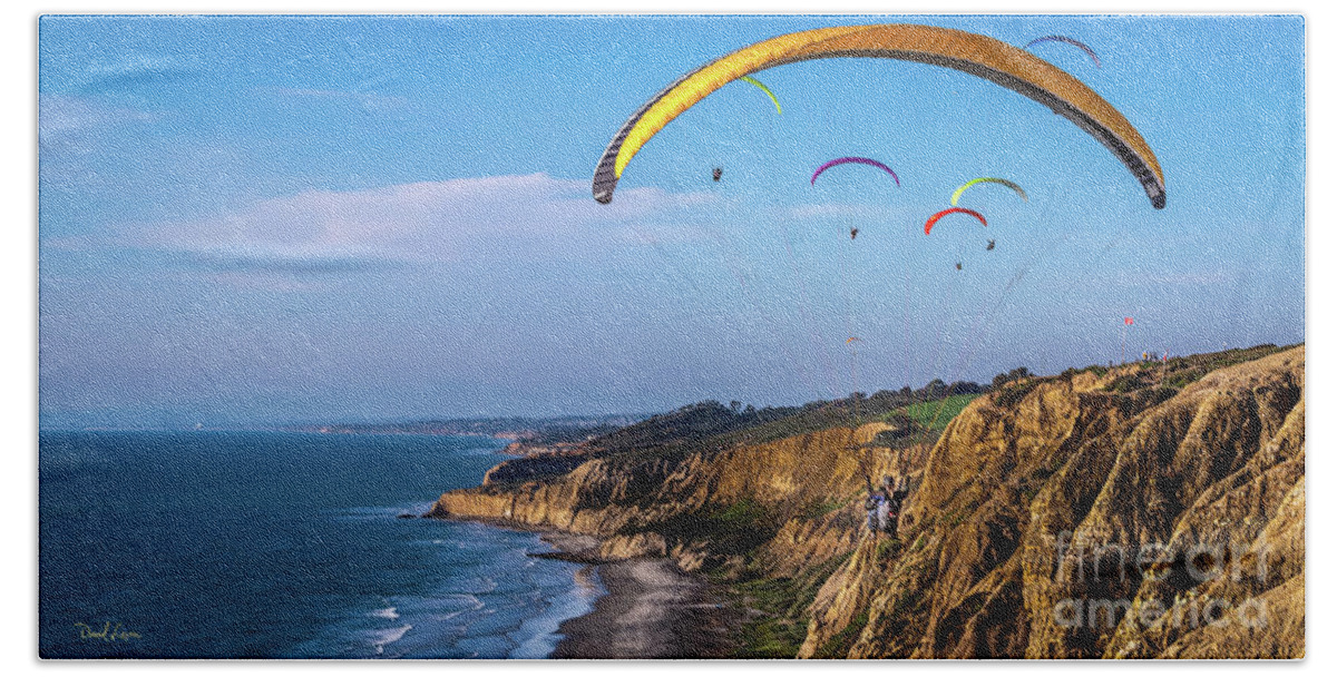 Beach Hand Towel featuring the photograph Paragliders Flying Over Torrey Pines by David Levin