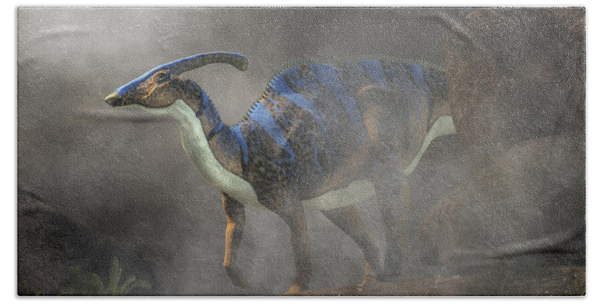 Parasaurolophus Bath Towel featuring the digital art Parasaurolophus in Fog by Daniel Eskridge
