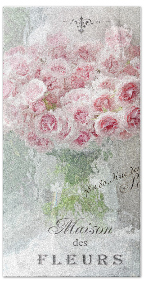 Paris Hand Towel featuring the photograph Paris Impressionistic Romantic Shabby Chic Pink Pastel Roses French Script Parisian Art Home Decor by Kathy Fornal