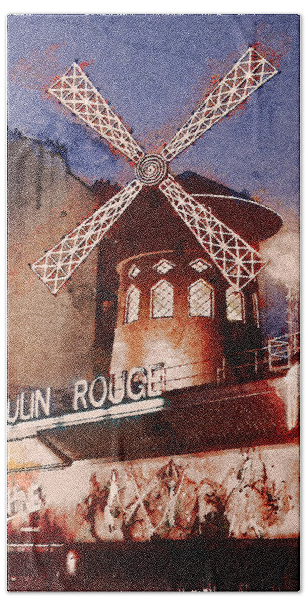 Moulin Rouge Bath Towel featuring the painting Paris. Moulin Rouge. by Alex Mir