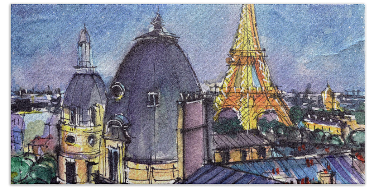Paris Rooftops Bath Towel featuring the painting PARIS ROOFTOPS IN THE SOFTLY STARLIT EVENING watercolor painting Mona Edulesco by Mona Edulesco