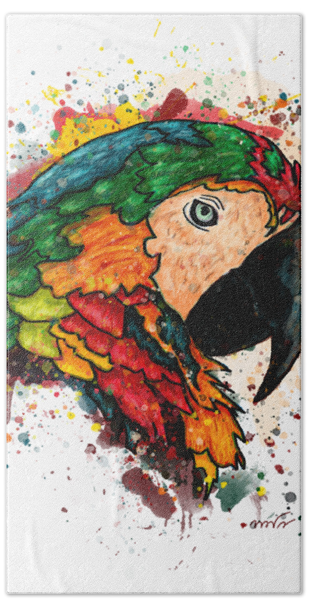Parrot Bath Towel featuring the painting Parrot portrait painting on white background, Macaw parrot by Nadia CHEVREL