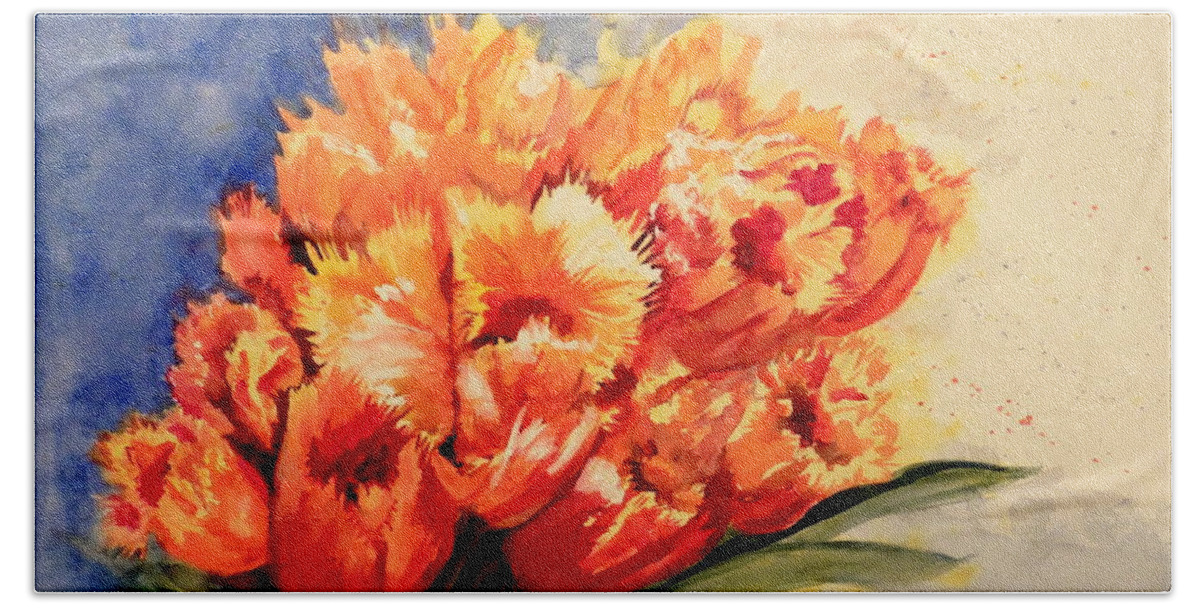 Orange Hand Towel featuring the painting Parrot tulips by Sonia Mocnik