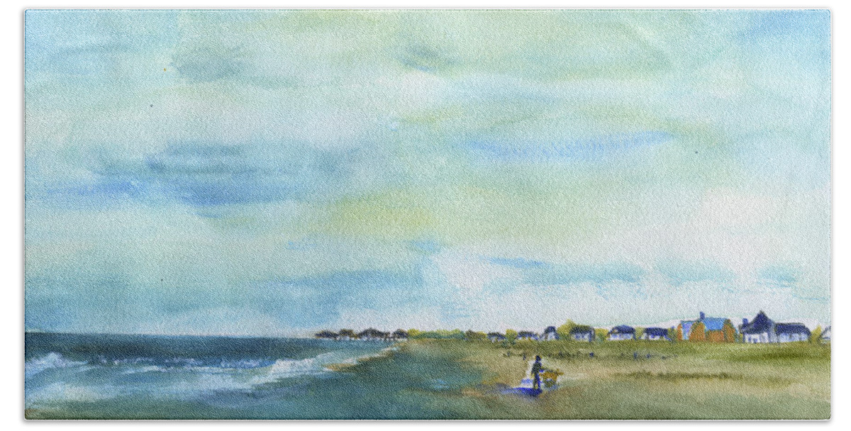 Pawleys Island Hand Towel featuring the painting Pawleys Dog Walker by Frank Bright