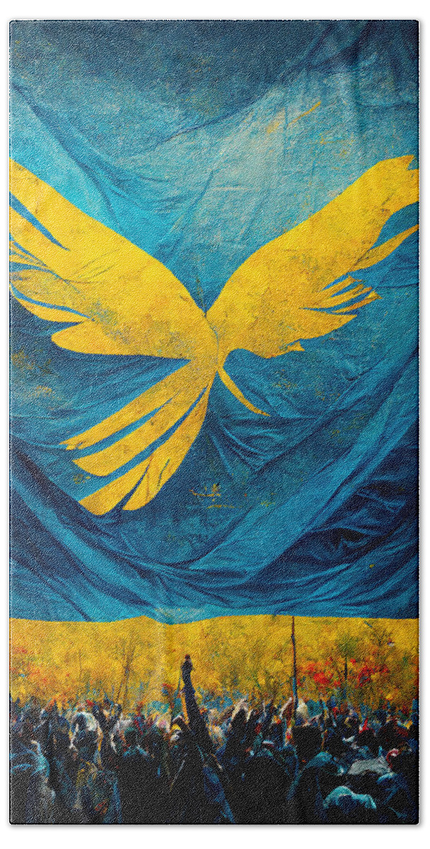 Angel Of Peace Bath Towel featuring the painting Peace for Ukraine by Vart