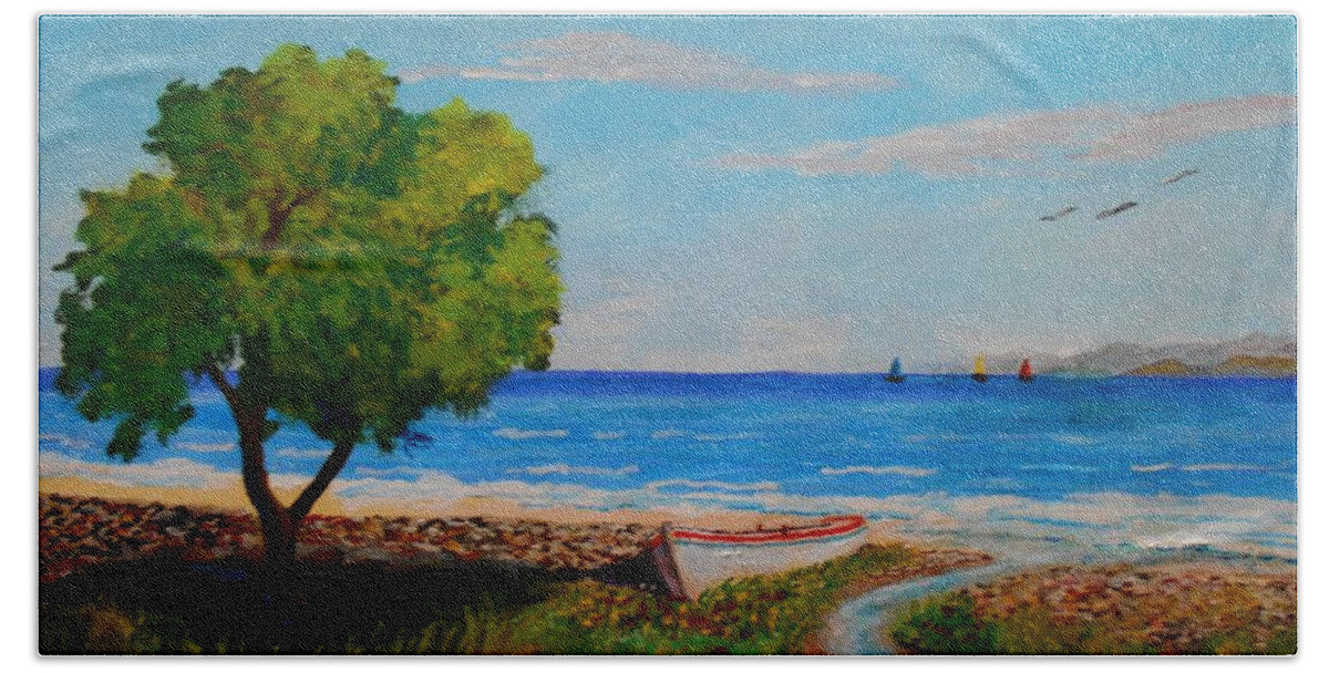 Sea Hand Towel featuring the painting Peaceful beach by Konstantinos Charalampopoulos