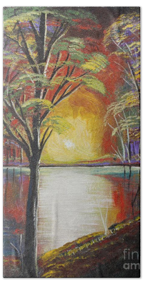 Landscape Painting Hand Towel featuring the painting Peaceful Evening at the Lake by Scott Sladoff
