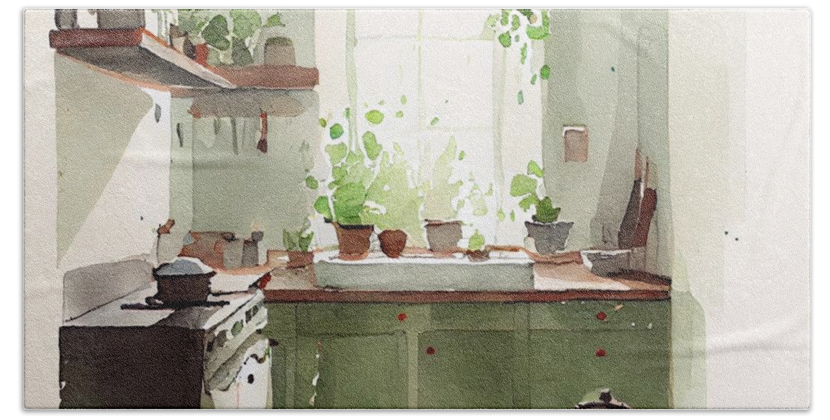 Watercolor Hand Towel featuring the digital art Peaceful Kitchen by Joshua Barrios