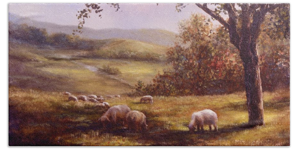 Country Landscape Bath Towel featuring the painting Peaceful Pasture by Lynne Pittard