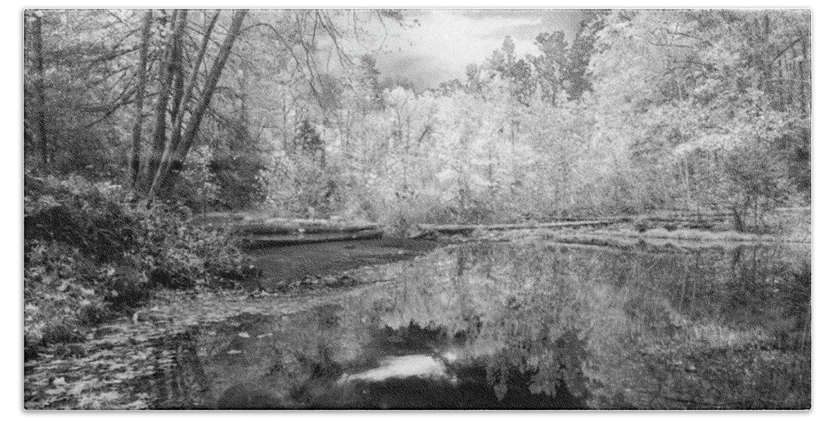 Black Bath Towel featuring the photograph Peaceful Stream Black and White by Debra and Dave Vanderlaan